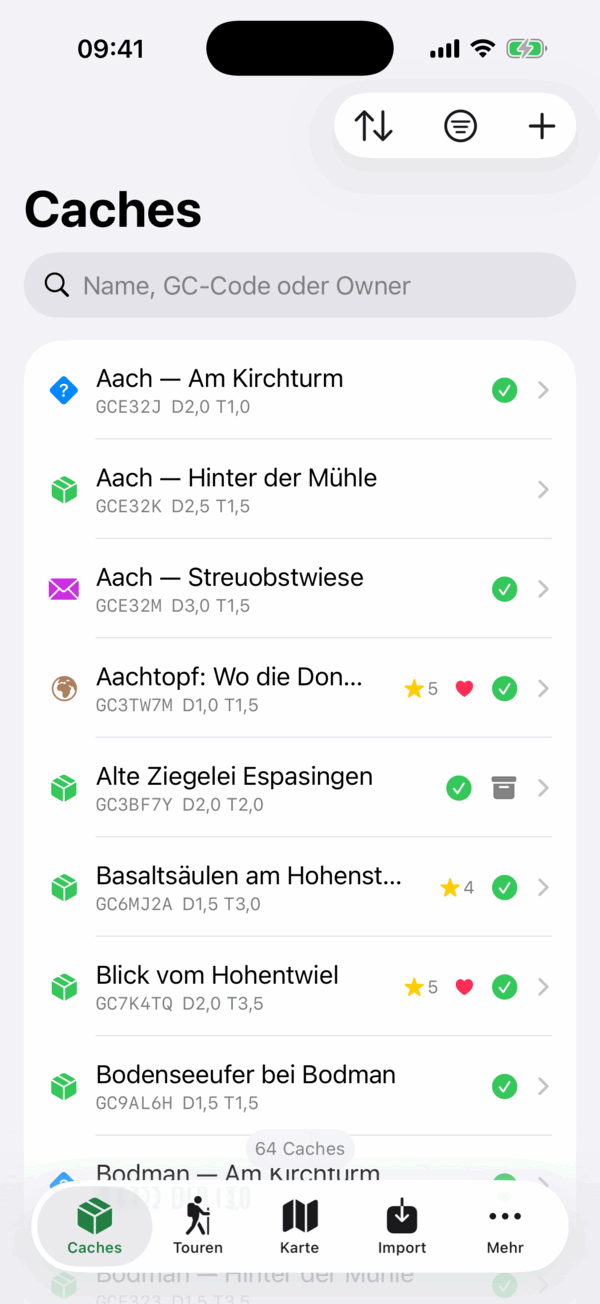Die Cacheliste auf dem iPhone
