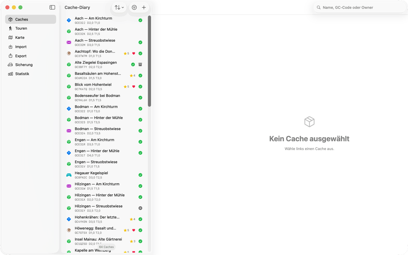 Die Cacheliste auf dem Mac: Seitenleiste, Liste mit Typ, Bewertung und Schlagwörtern, Detailspalte