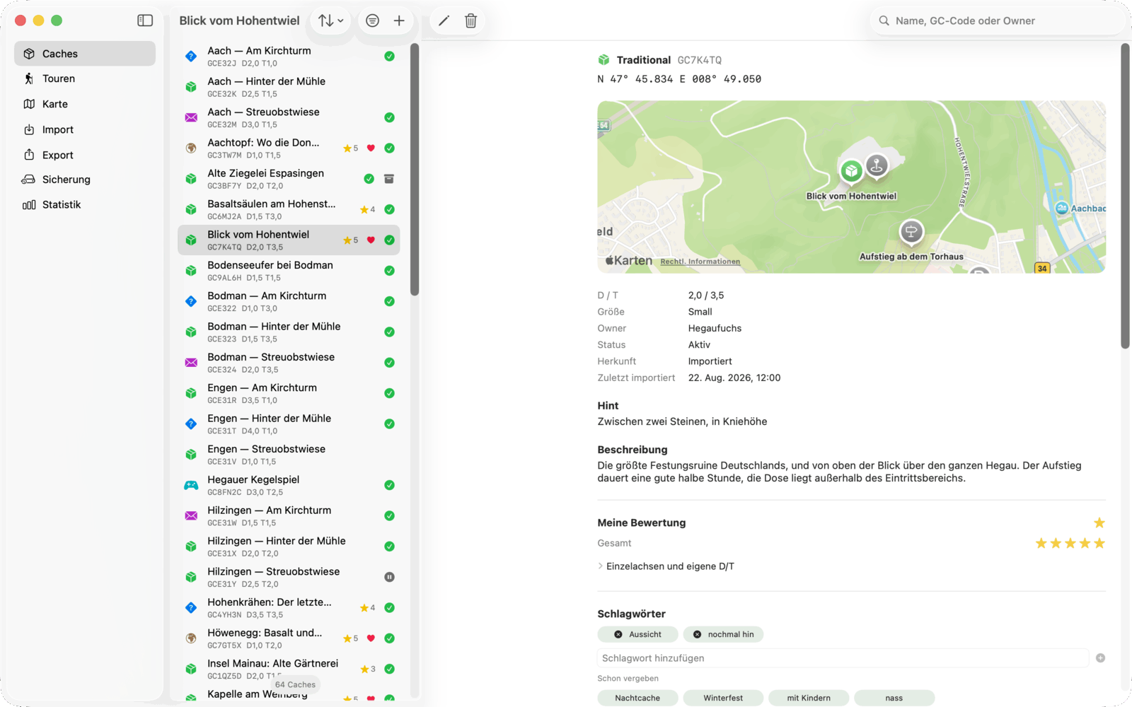 Ein Cache im Detail: Listingdaten oben, darunter Bewertung, Schlagwörter, Notizen, Besuche und Fotos