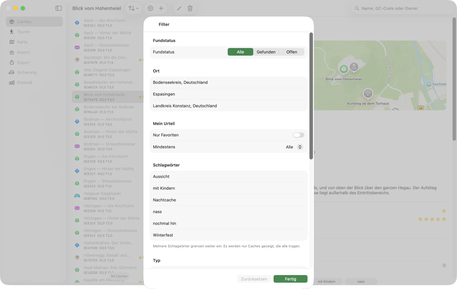 Kombinierbare Filter nach Typ, Größe, Status, Fundstatus, Bewertung, Favorit und Schlagwort
