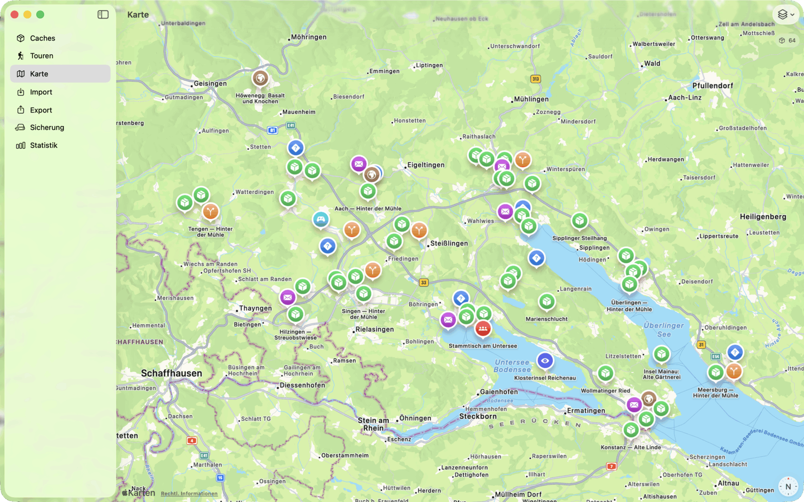 Die Karte mit typabhängigen Markern über dem Hegau und dem Bodensee