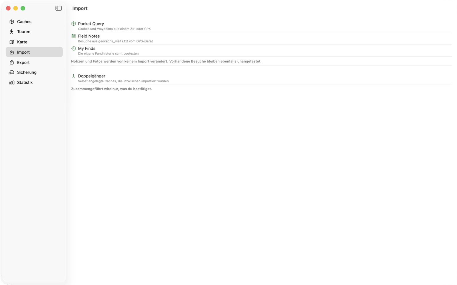 Der Import einer Pocket Query mit Vorschau: wie viele Caches neu, wie viele aktualisiert
