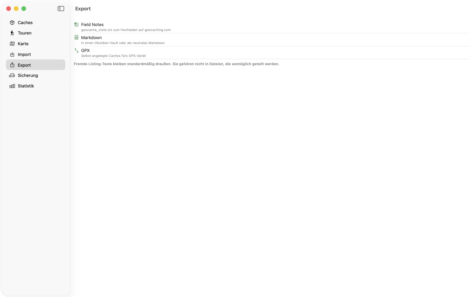 Der Export mit den Formaten Field Notes, Markdown, Obsidian, PDF und GPX
