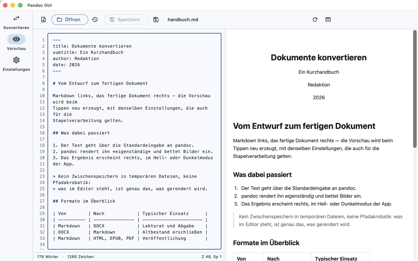 Der Editor: Markdown mit Zeilennummern links, rechts das von pandoc gerenderte Dokument mit Titel, Überschriften, Liste, Zitat und Tabelle