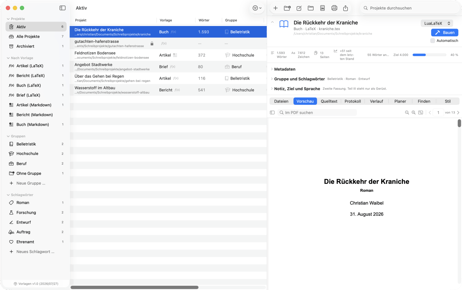 Das Hauptfenster: Seitenleiste mit Gruppen und Schlagwörtern, Projektliste und Detailspalte mit PDF-Vorschau