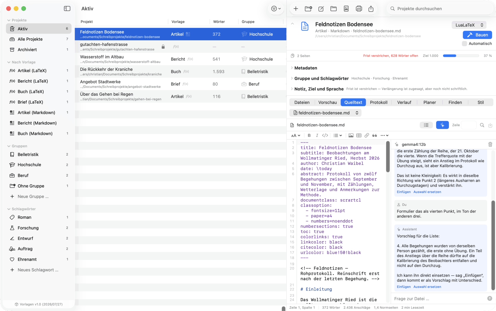 Editor mit Markdown-Hervorhebung, Bausteinleiste und der Assistenzspalte rechts