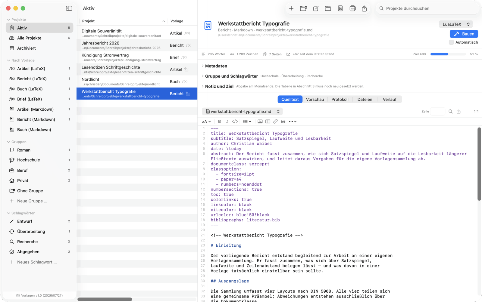 Markdown-Projekt mit YAML-Kopf im eingebauten Editor